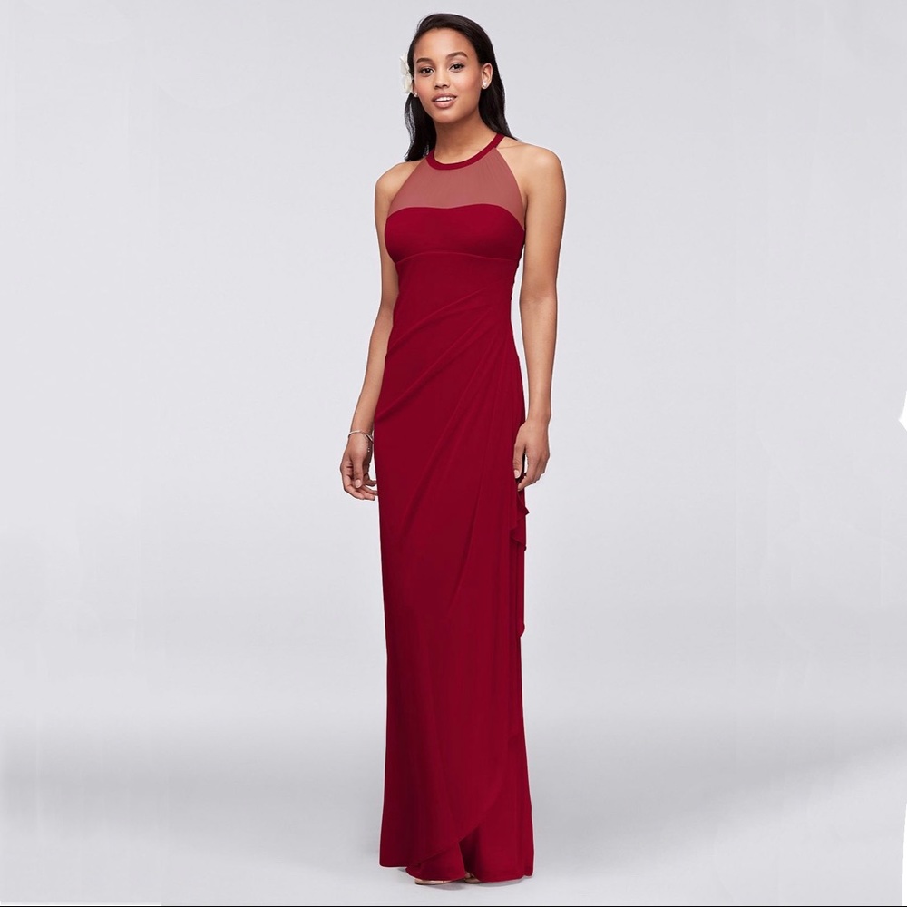 LONG MESH DRESS WITH ILLUSION HALTER NECKLINE